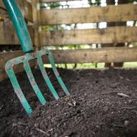 Rusty garden fork in compost bin